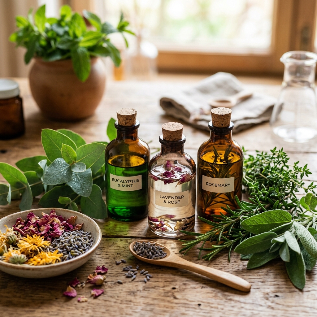 Ingredientes botánicos naturales — aceites esenciales y hierbas